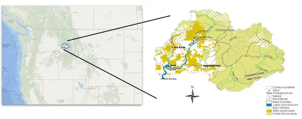 Basin boundary denoting the Dworshak reservoir and the tributary rivers.