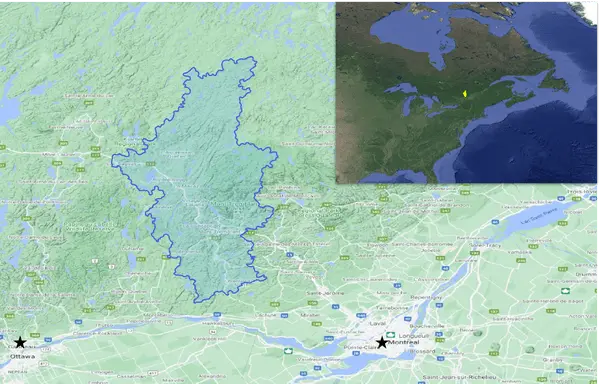 Basin boundary denoting the Rouge River basin situated in the Laurentide region, Québec