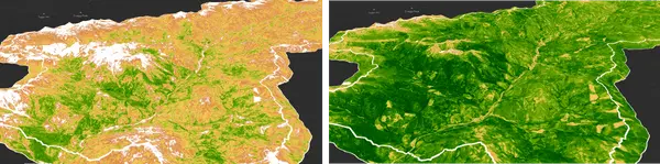 Satellite vegetation images from 2/22/2019 (left) compared with 6/22/2019 highlighting the green up as snow melts over spring