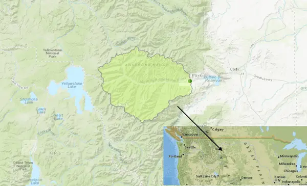 Basin boundary for the North Fork Shoshone River at Wapiti, WY