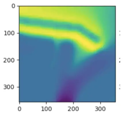 Mapbox elevation layer for a given tile. Bright yellow is higher elevation, dark blue is lower elevation.