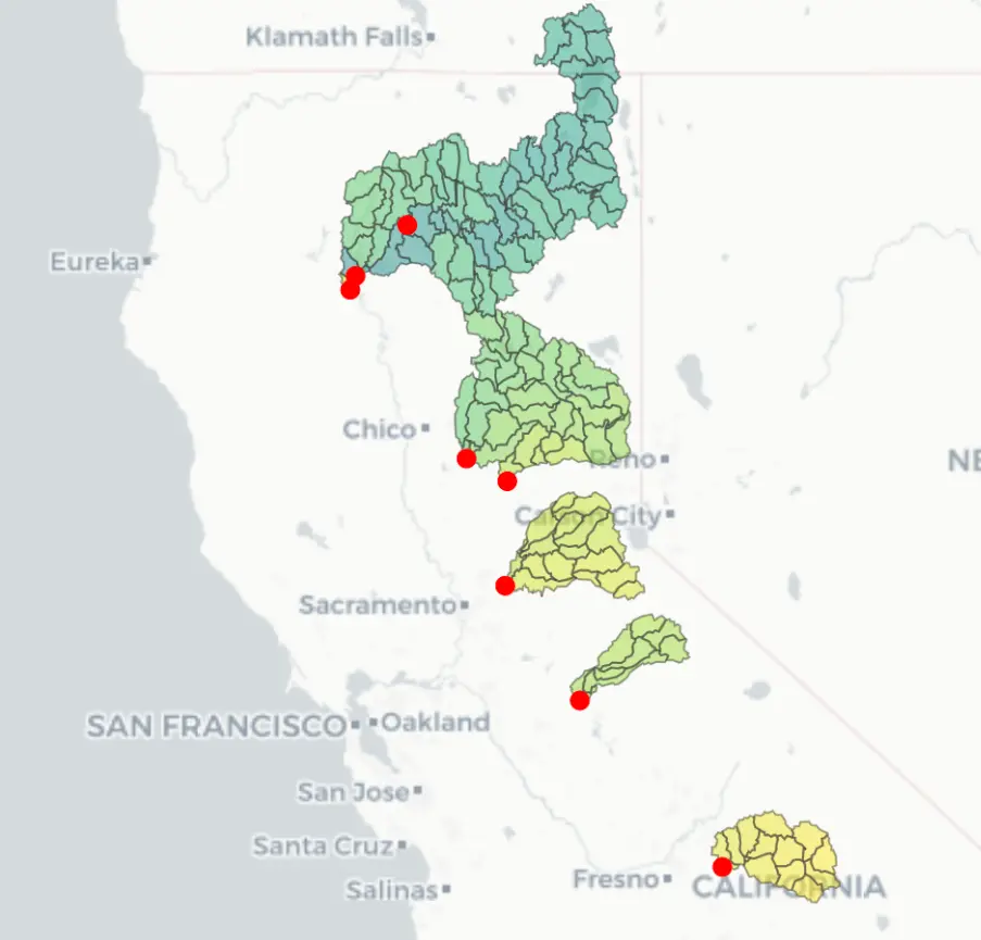 Map of California hydropower nodes and basins