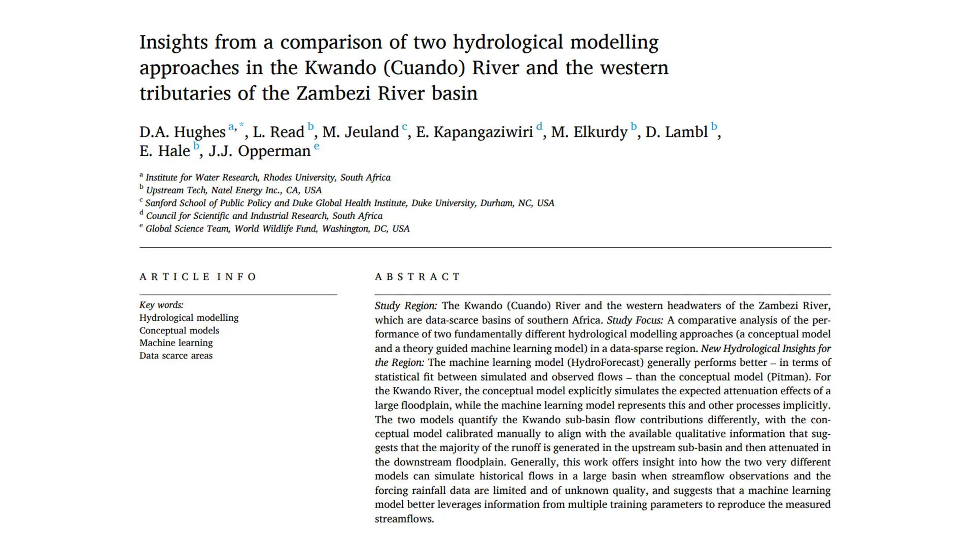 New joint research with WWF and Rhodes University colleagues accepted into Journal of Hydrology
