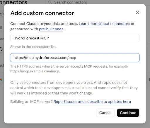 Adding the HydroForecast MCP as a custom connector in Claude