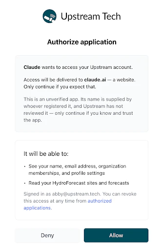 Authorizing Claude to access a HydroForecast account