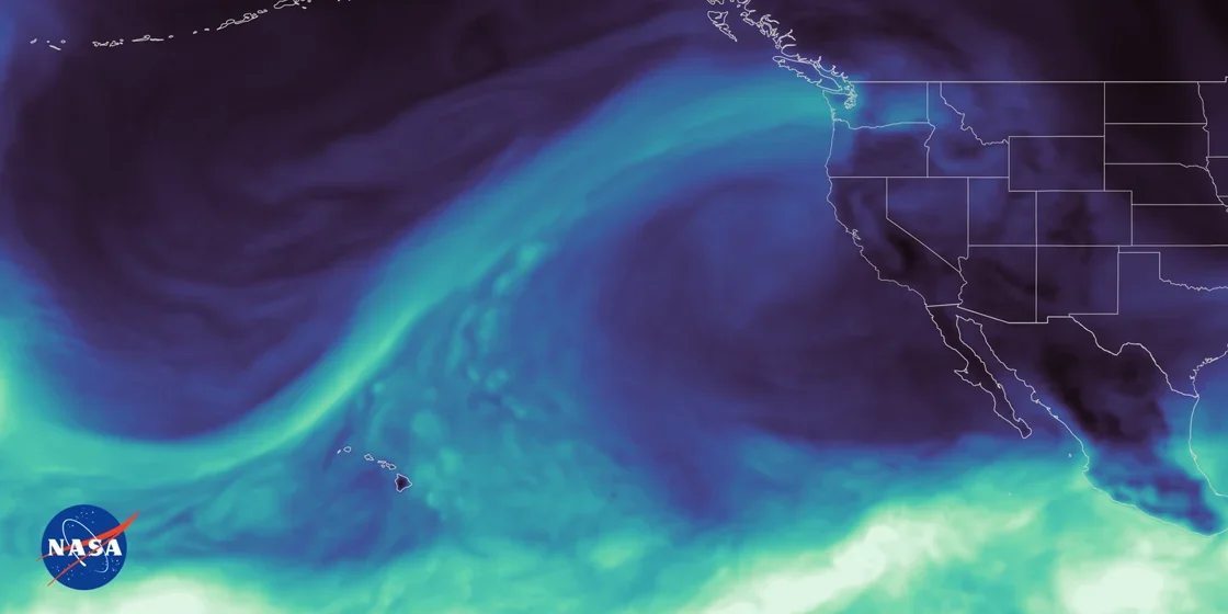 Satellite visualization of an atmospheric river stretching across the Pacific toward the West Coast