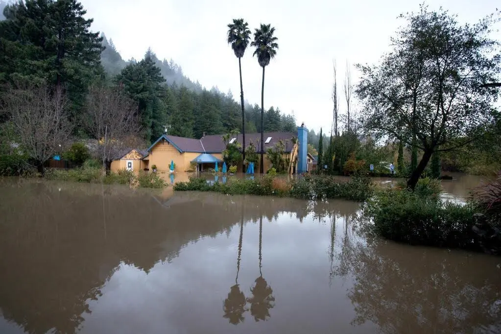 A home surrounded by floodwater in Sonoma County during the November 2024 atmospheric river storm.